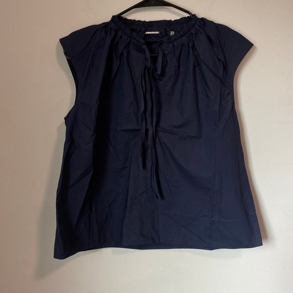 NWT Elie Tahari Dark Navy Cotton Poplin Tie Neck Blouse Size Small